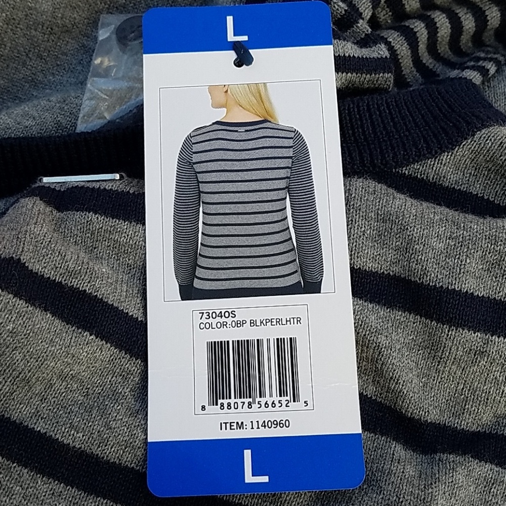 Nautica Women Blue-Gray Striped Long Sleeve Crew N